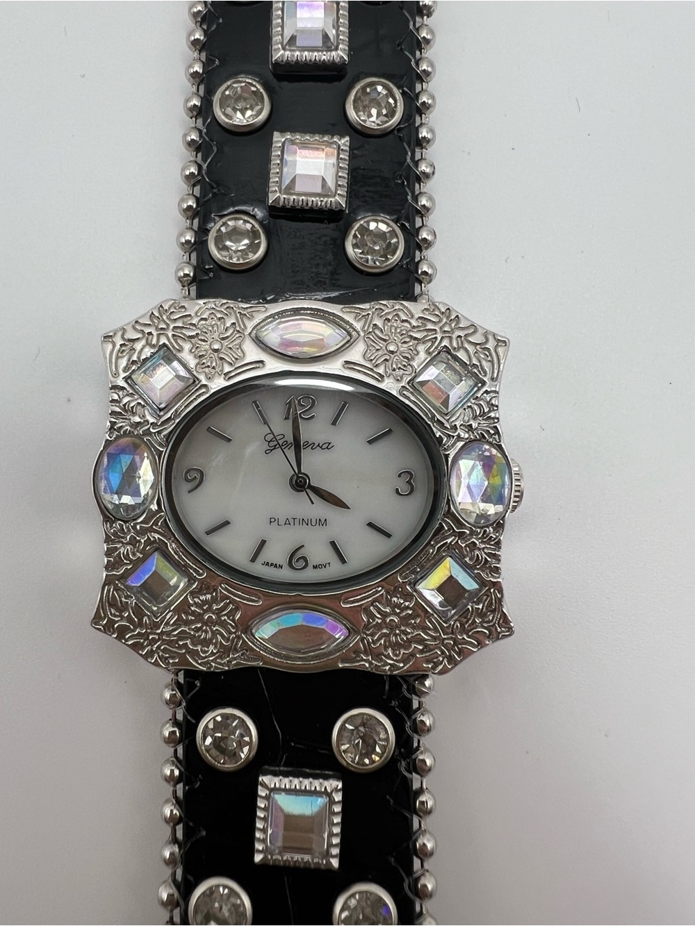 Geneva Platinum Black Watch with Iridescent Crystals